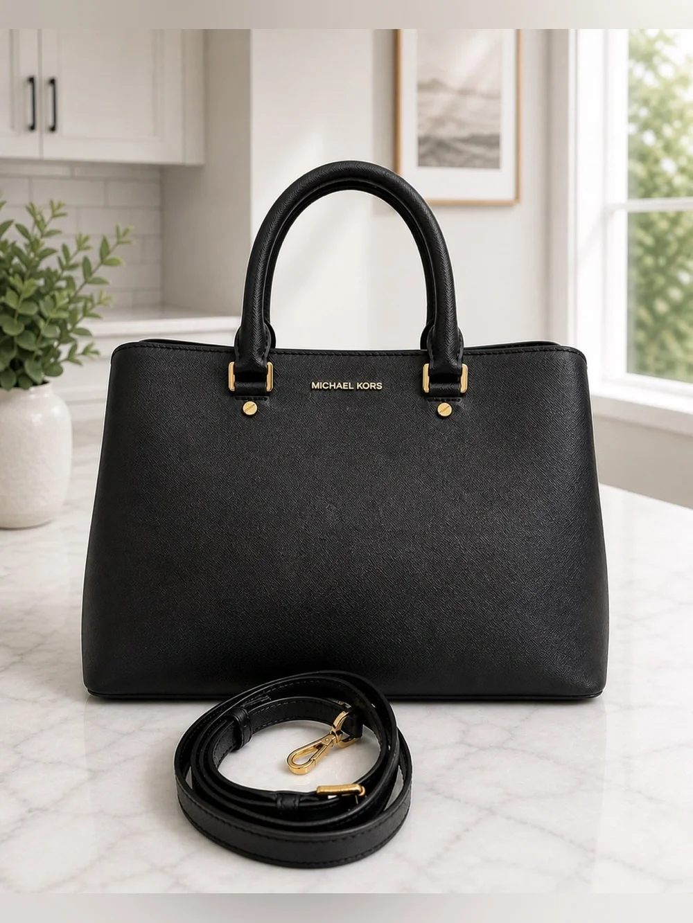 Michael Kors Savannah Black Saffiano Leather Satchel Gold Hardware